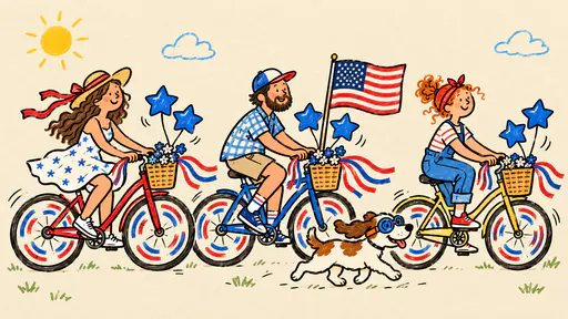 Bicycle parade with flag ribbons in the wheels and star balloons tied to baskets. Thirteen stripes and a neat canton join the party.