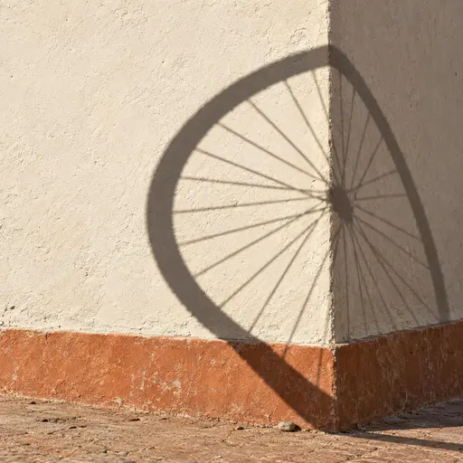 A sunlit chalk-cream limewash wall corner above a dusty terracotta base where one crisp charcoal bicycle-wheel shadow bends exactly at the corner with splayed spokes, its tyre touching the wall base above one small pebble, rider and bicycle absent.