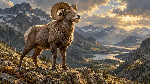 A wild bighorn sheep ram with huge curled horns and a thick woolly coat stands on a rocky mountain ledge above an alpine valley far below.