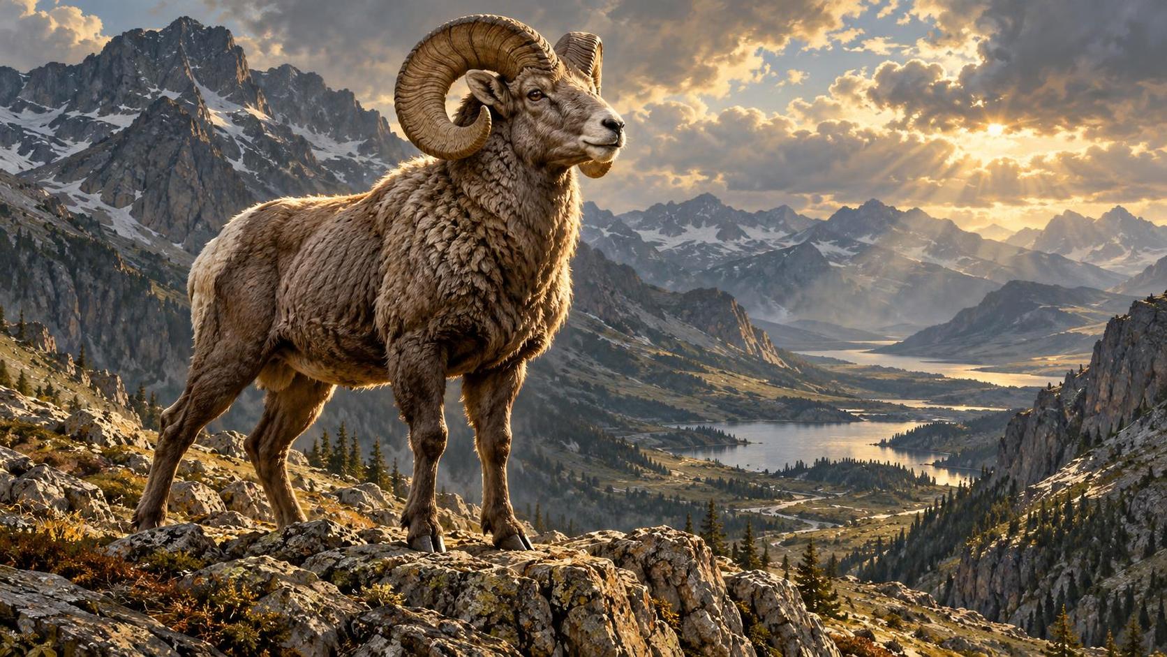 A wild bighorn sheep ram with huge curled horns and a thick woolly coat stands on a rocky mountain ledge above an alpine valley far below.