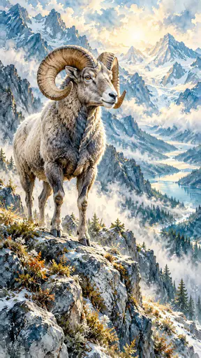 A wild bighorn sheep ram with huge curled horns and a thick woolly coat stands on a rocky mountain ledge above an alpine valley far below.
