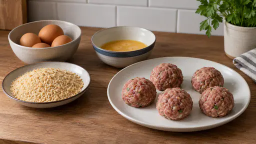 On a scrubbed wooden kitchen bench a bowl of brown eggs, a dish of golden breadcrumbs and a bowl of beaten egg stand beside a plate of five formed raw meatballs in even frontal light.