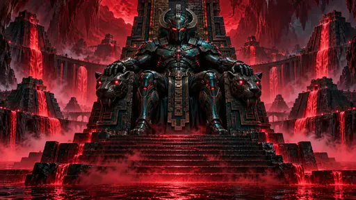 A Mayan underworld lord in teal and black biomechanical plate armor with a horned helmet and glowing red visor sits on a carved jaguar throne in a crimson cavern of stepped pyramids.