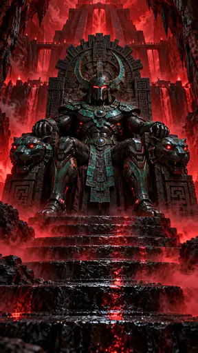 A Mayan underworld lord in teal and black biomechanical plate armor with a horned helmet and glowing red visor slit sits on a carved jaguar throne in crimson mist.