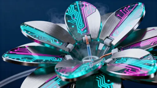 Biotech flower with articulated mechanical petals and neon veins pulsing softly in a dark studio, framed in 16:9 to emphasize lateral spread and sculptural silhouette.