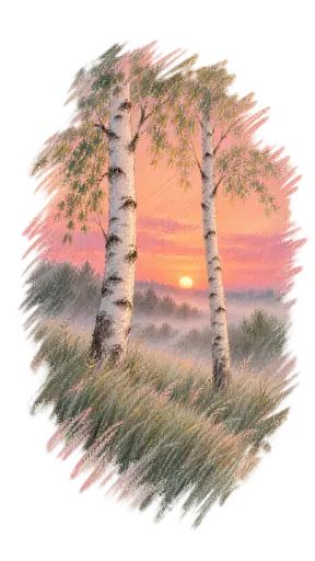 A soft chalk-pastel slice of two birch trunks in dawn mist with a rose and apricot sky, its strokes thinning into powdery transparency at the rim.