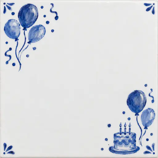 A square white glazed tile with blue brush balloons and confetti in the upper left, a tiny blue brush cake with candles and two balloons at the lower right, small blue corner ornaments and a large open white field.