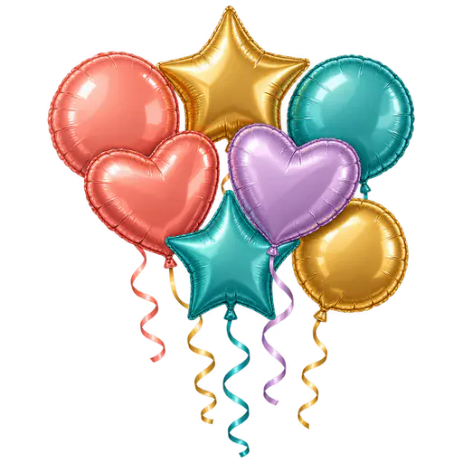A cluster of seven shiny foil balloons, round, star and heart shaped, in coral, gold, teal and lilac with curling ribbons trailing below, on a transparent background.