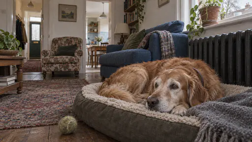 An old golden retriever with a grey-white muzzle lies curled on a pet bed with a folded grey blanket beside a cast-iron radiator in a living room with a blue sofa in low afternoon light.