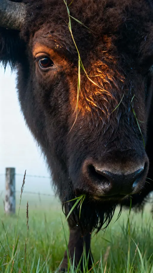 A bison's massive head emerges from tall prairie grass under a cool green haze, blades brushing the forehead and nose to imply motion while muted highlights reveal coarse fur texture for a bold natural wallpaper composition.