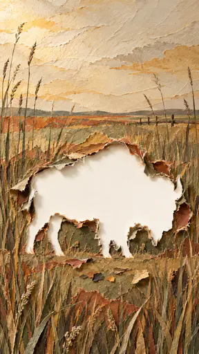 Layered prairie paper in rust, olive and ochre has a large torn bison shaped opening with folded flaps and fibrous edges showing warm white behind and small paper scraps on the ground below.