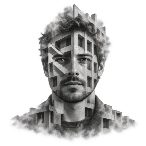 Black-and-white frontal portrait of an invented adult whose head and shoulders are filled with brutalist concrete geometry, repeated window bays and a diagonal stair shadow crossing the face while both eyes stay readable through the pattern.