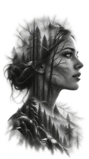 Black-and-white double exposure of a right-facing profile blended with a winter forest: high-contrast bare trunks cross the crown, snow patches light the cheek, and one bright eye stays legible through the tone.