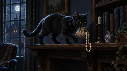 Cat burglar: a sleek black cat in a narrow eye mask tiptoes along the edge of a wooden shelf, one paw raised mid-step, a knotted cloth sack held in its jaws with a string of pearls spilling from its mouth and looping over the shelf's lip. Low moonlight from a tall window silvers the fur along…