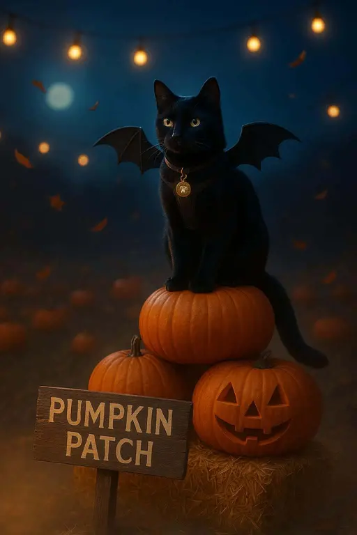 A regal black cat sits atop a pyramid of pumpkins and hay bales in a night pumpkin patch under string lights, wearing a miniature bat-wing harness and a bell tag glowing with faint runes, with a wooden sign reading "PUMPKIN PATCH" and leaf‑