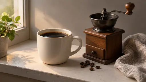 A plain cup of black coffee rests on a window ledge beside the small hand grinder and a few remaining roasted coffee beans.
