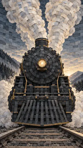 A large black steam locomotive is seen head on from below with a single lamp, a cow catcher and two rising steam plumes on converging rails in woven paper strips.