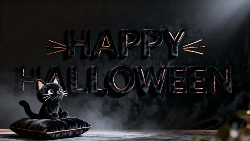Photo‑real 3D full‑frame of “HAPPY HALLOWEEN” flocked in deep black velvet with thin copper inlays tracing select strokes, a velvet-and-chenille black cat on a burgundy cushion front-left, warm-cream haze, gentle specular pins, low vignette