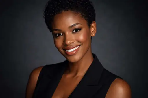 Wide 3:2 cinematic editorial studio headshot of a smiling Black woman in her early 30s with short natural curls, tight chest-to-above-head crop, seamless deep charcoal backdrop, soft wrap key light, subtle rim separation and film grain.