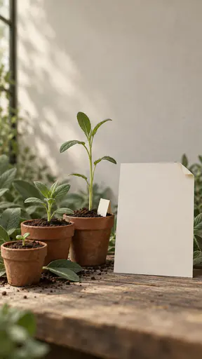 Low tabletop view of three terracotta seedling pots at three growth stages with a folded blank paper label in the tallest pot, a crisp blank bone invitation card facing the camera with one corner starting to fold.