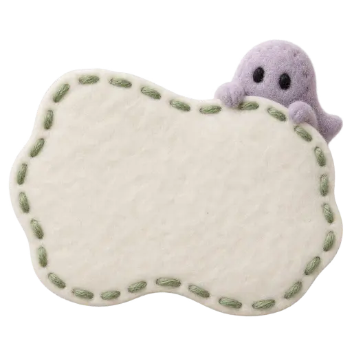An irregular bone-white needle-felt patch with sage running stitches around its rim and a small dusty-violet felt ghost peeking over the upper right edge. The patch face is plain, evenly lit and completely blank — a clear writing area — making it a cozy handmade Halloween fabric greeting background.