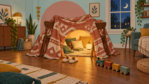 A patterned quilt draped over two wooden chairs forming a glowing fort with a round doorway, a lantern, cushions and teddy bear inside, slippers outside and a toy train on a wooden floor.