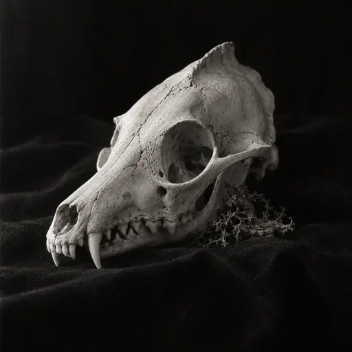 A bleached fox skull with long canines and a sagittal crest sits on folded black cloth, lit from the left to show every suture and bone pore, with a sprig of dry lichen beside the jaw.
