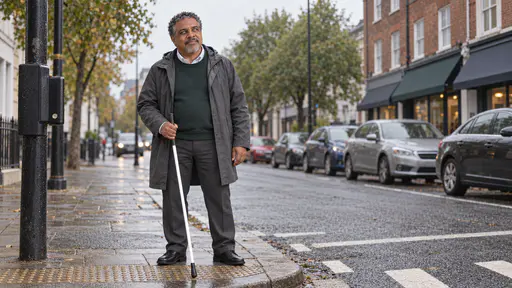 A stocky man with greying curls, a trimmed grey goatee and clouded pale grey eyes, in a dark green sweater and an open grey raincoat, waits at a city kerb with his white cane tip on the tactile paving, parked cars and shopfronts with awnings blurred behind him.