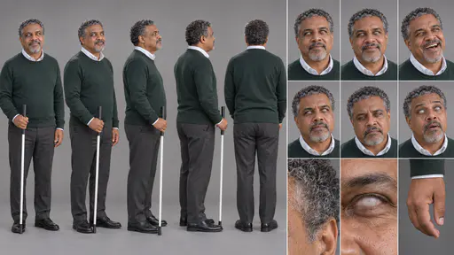 A 16:9 studio character sheet of a blind man in a dark green sweater, grey trousers and black shoes with a white cane, shown in five full-body views, six expressions and three close details.