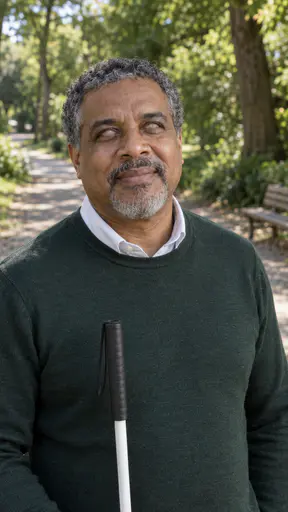 A stocky man in his early fifties with short greying curls, a trimmed grey goatee and clouded pale grey eyes gazing slightly past the camera stands on a gravel park path in dappled light, holding a white cane upright, in a dark green sweater over a white collar.