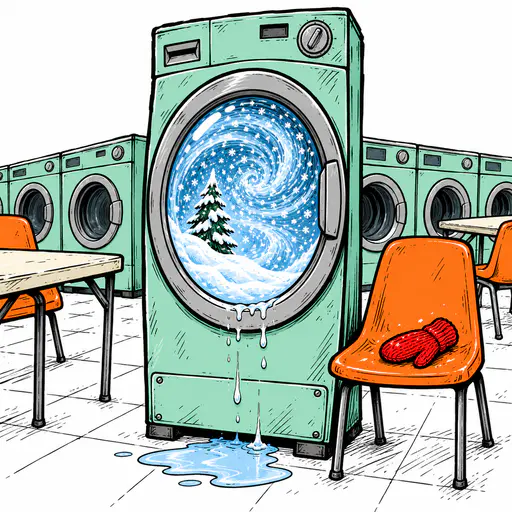 A tall skinny cartoon washing machine shows a blizzard of white flakes and a tiny snow drift with a pine tree inside its round glass door beside an orange chair with a mitten in thick scratchy ink.