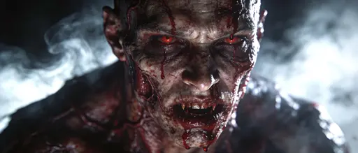 A grotesque, blood-smeared humanoid monster fills a 21:9 widescreen frame with realistic skin texture, high-contrast cinematic lighting and a dark, foggy background for an unsettling atmosphere.