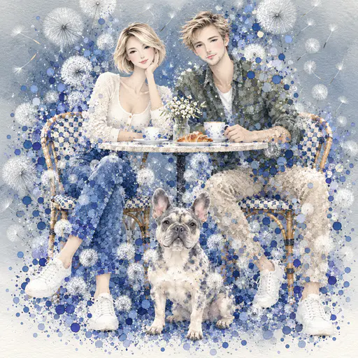 Watercolour-style couple and French bulldog at a cafe table dissolving into blue pigment blooms and dandelion clocks