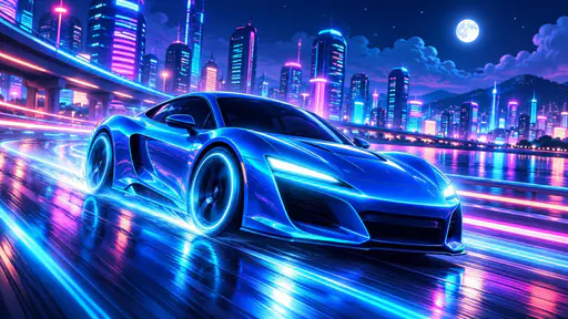 A blue car speeding past blurred neon city lights.