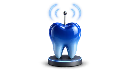 Bluetooth: a single smooth blue ceramic molar, glossy and tooth-shaped, stands upright on a small dark charging pedestal with a thin glowing ring at its rim. A slim metal antenna rises from the crown of the tooth, and two pale curved radio-wave arcs spread outward from its tip, one longer above…