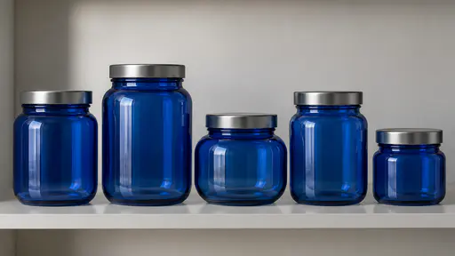 A neat row of blue glass storage jars with plain unmarked lids stands on a plain pantry shelf in cool frontal light.