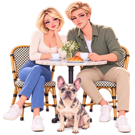 Polished realistic illustration of a couple and their merle French bulldog at a café table, cut out on transparency.