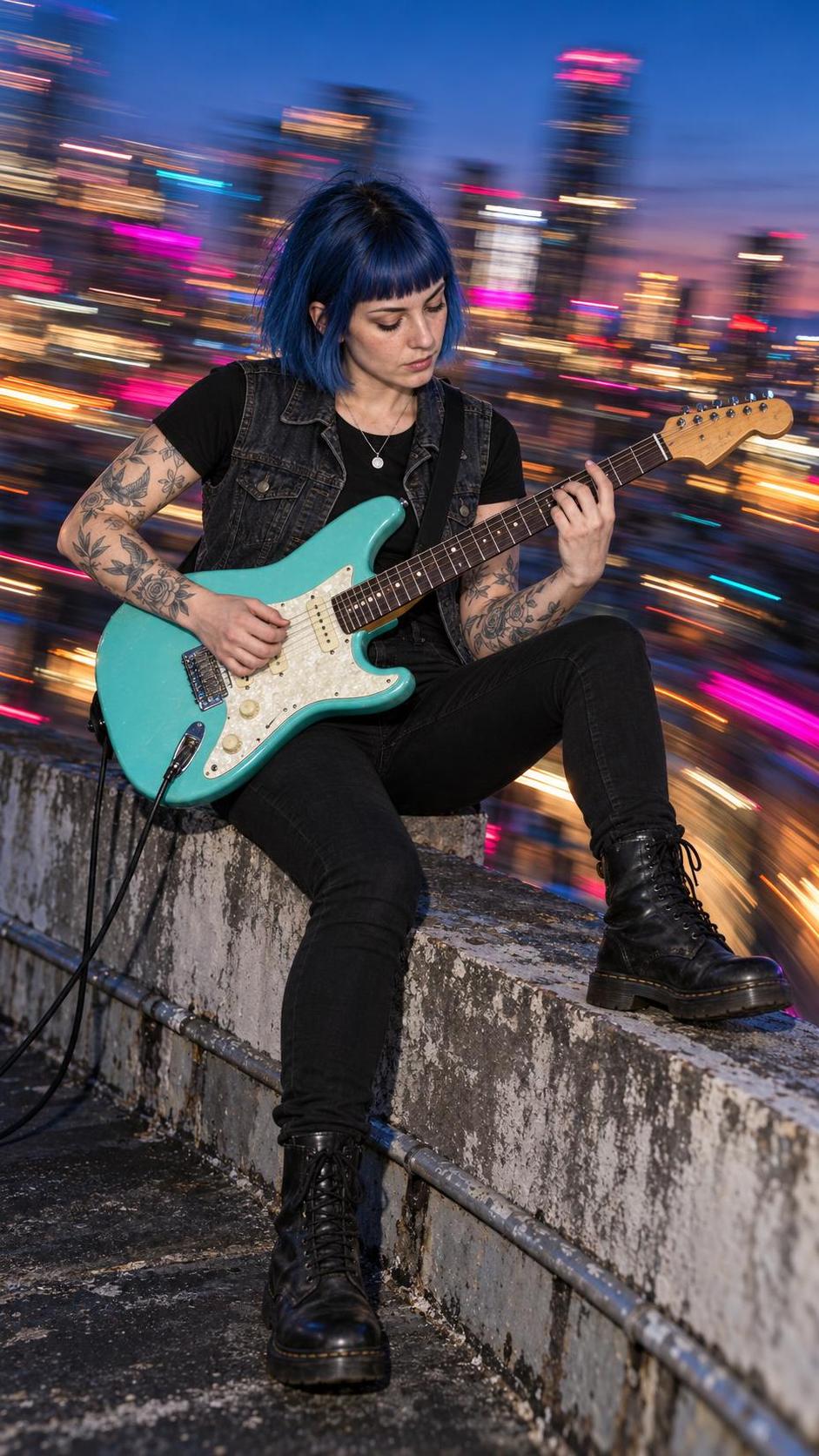 A blue haired tattooed woman in a black tee and denim vest plays a turquoise electric guitar on a rooftop parapet at blue dusk with curved city light trails around her.