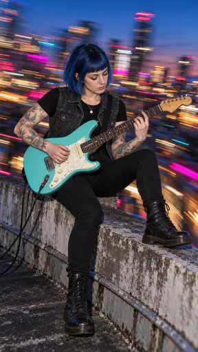 A blue haired tattooed woman in a black tee and denim vest plays a turquoise electric guitar on a rooftop parapet at blue dusk with curved city light trails around her.
