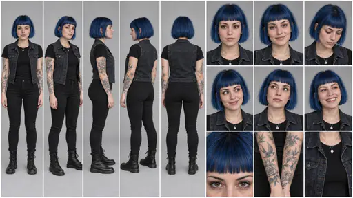 A blue haired adult woman with forearm tattoo sleeves in a black tee, denim vest and black jeans shown in five full body views, six expressions and three detail panels on grey.