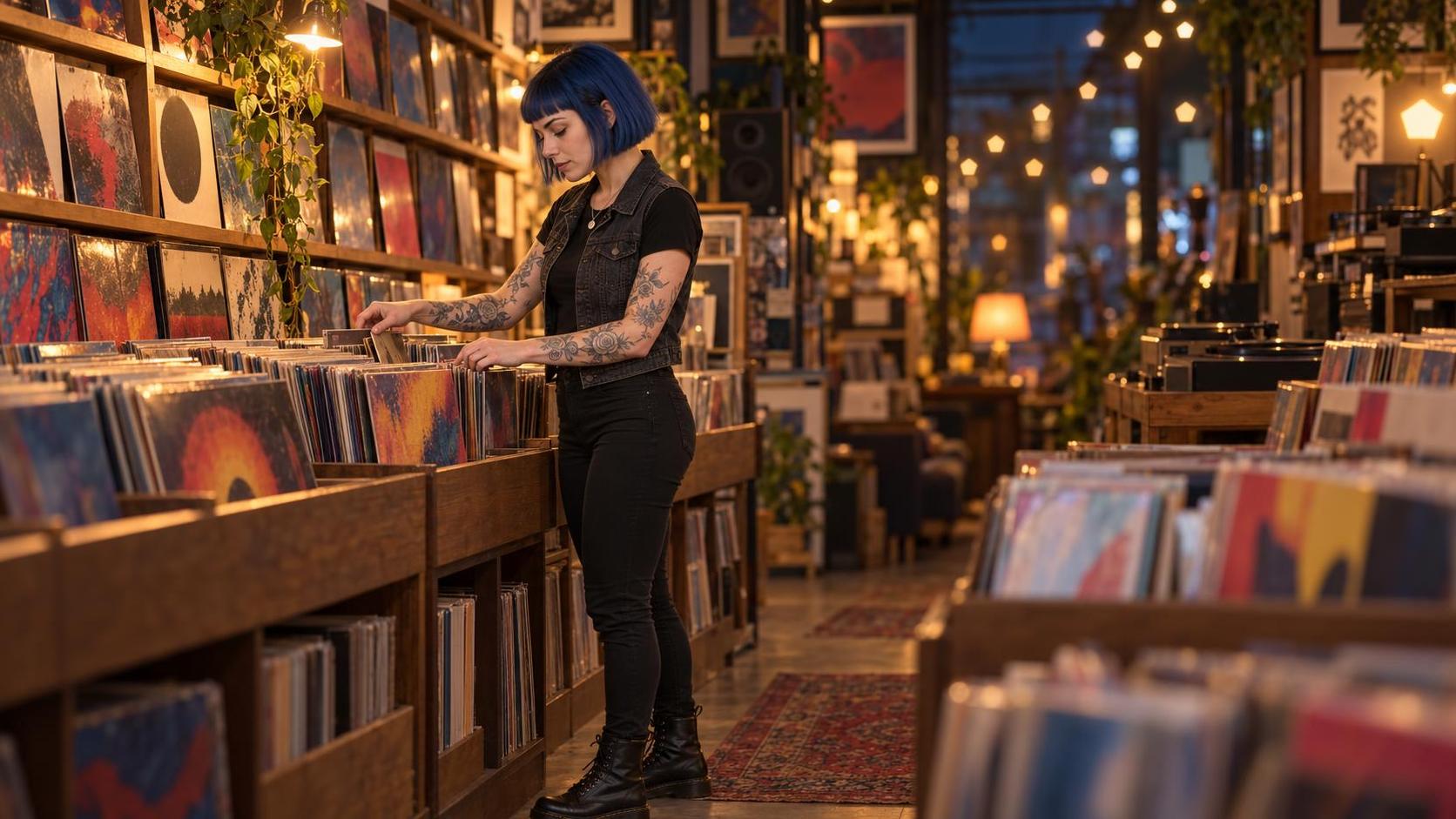 A blue haired tattooed woman in a black tee and denim vest flips through a crate of vinyl records in a crowded record shop at evening with warm pentagonal bokeh lights behind her.