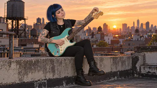 A blue haired tattooed woman in a black tee and denim vest tunes a worn turquoise electric guitar on a rooftop ledge at sunset with water tanks and an orange sky behind her.