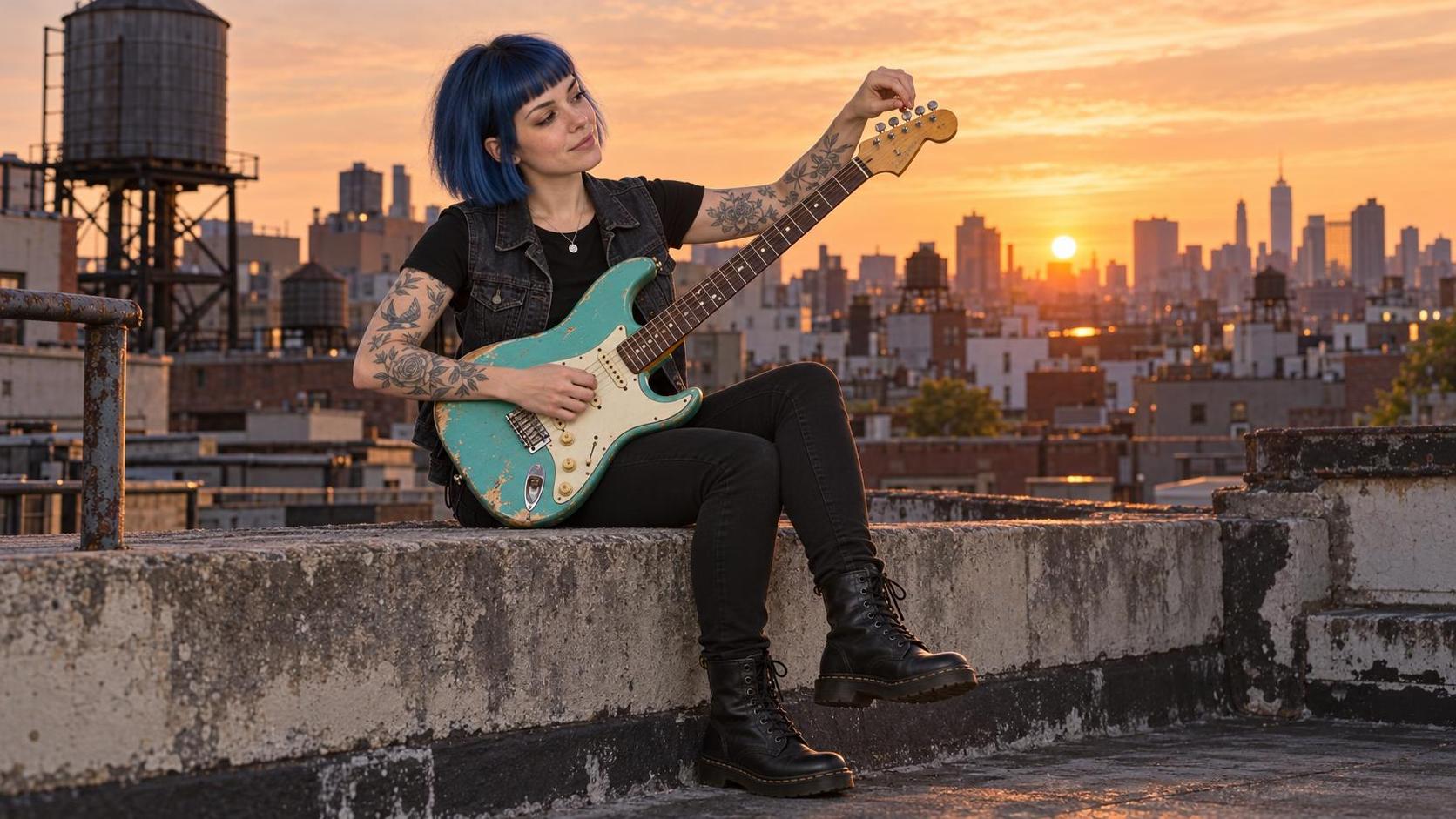 A blue haired tattooed woman in a black tee and denim vest tunes a worn turquoise electric guitar on a rooftop ledge at sunset with water tanks and an orange sky behind her.