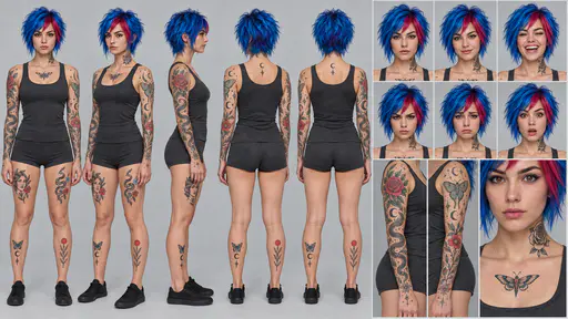 A 16:9 studio character sheet of a young woman with shaggy electric-blue hair and a crimson streak, shown in five full-body views, six expressions and close details of her tattooed sleeves and neck rose and chest moth.