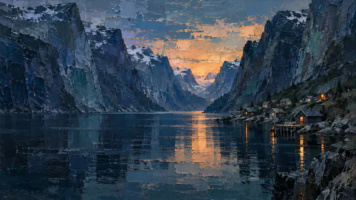 A fjord at blue hour in layered wax and oil paint, cobalt cliffs closing toward a peach glow and small cabins with amber windows reflected in dark water.