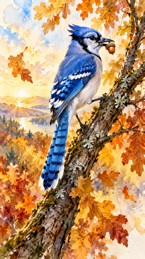 A blue jay with a crested head pauses on an oak branch holding a single acorn in its beak among amber falling leaves in an impressionist watercolor with broken warm washes.