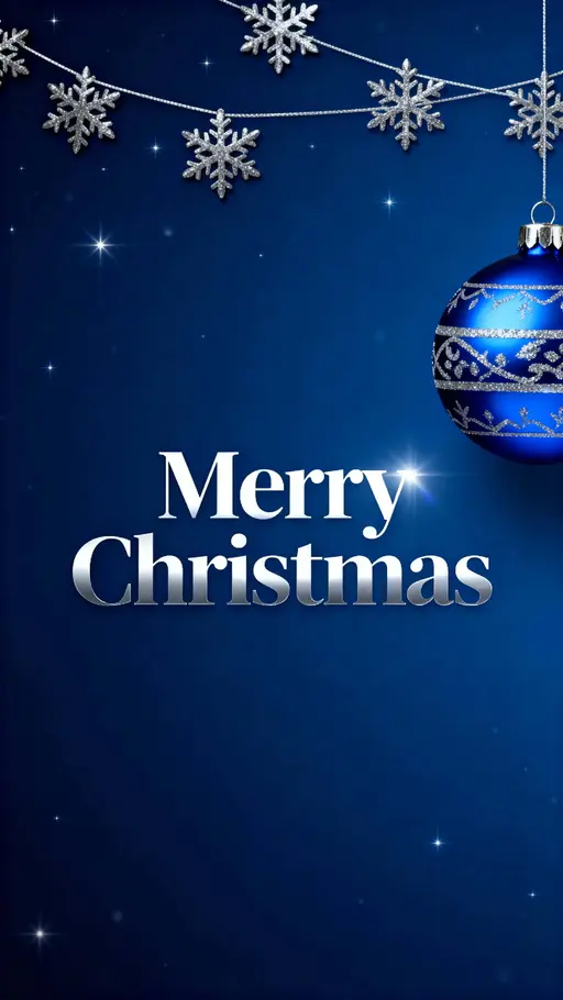 A serene midnight-blue background with tiny star-like sparkles, thin silver strings at the top hold metallic snowflakes, and a large blue ornament with silver patterns hangs to the right above bright silver 'Merry Christmas' lettering.