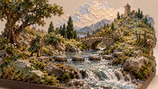 A miniature woodland stream with a trail of tiny blue silk threads caught on twigs and stones leads across stepping stones toward a distant hill with a stone tower while a very small traveller in a green cloak follows, thick palette-knife daubs forming water, moss and sky.