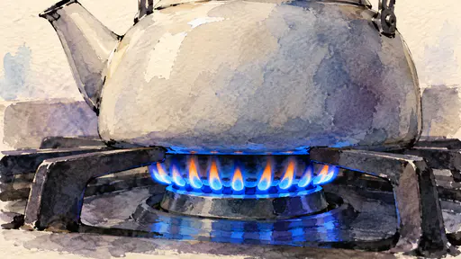 A ring of small blue gas stove flames with orange tips burns evenly under a dark enamel kettle on a cast iron grate in transparent washes and ink fragments.