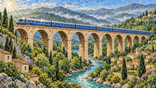 A long blue and silver train crosses a high stone viaduct of many arches over a green river valley with a village below and misty hills behind in glazed tile shards.